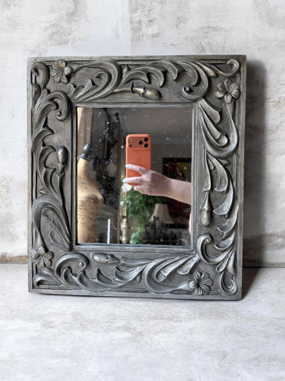 Decorative Floral Carved Square Wall Mirror - silver Gray